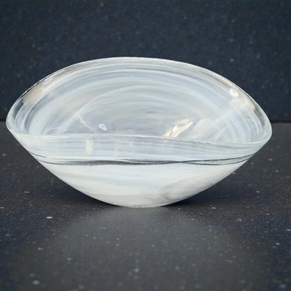 Venetian‎ Art Glass Curved Dish Bowl Recycle Glass Black Swirl Pattern Italy VTG